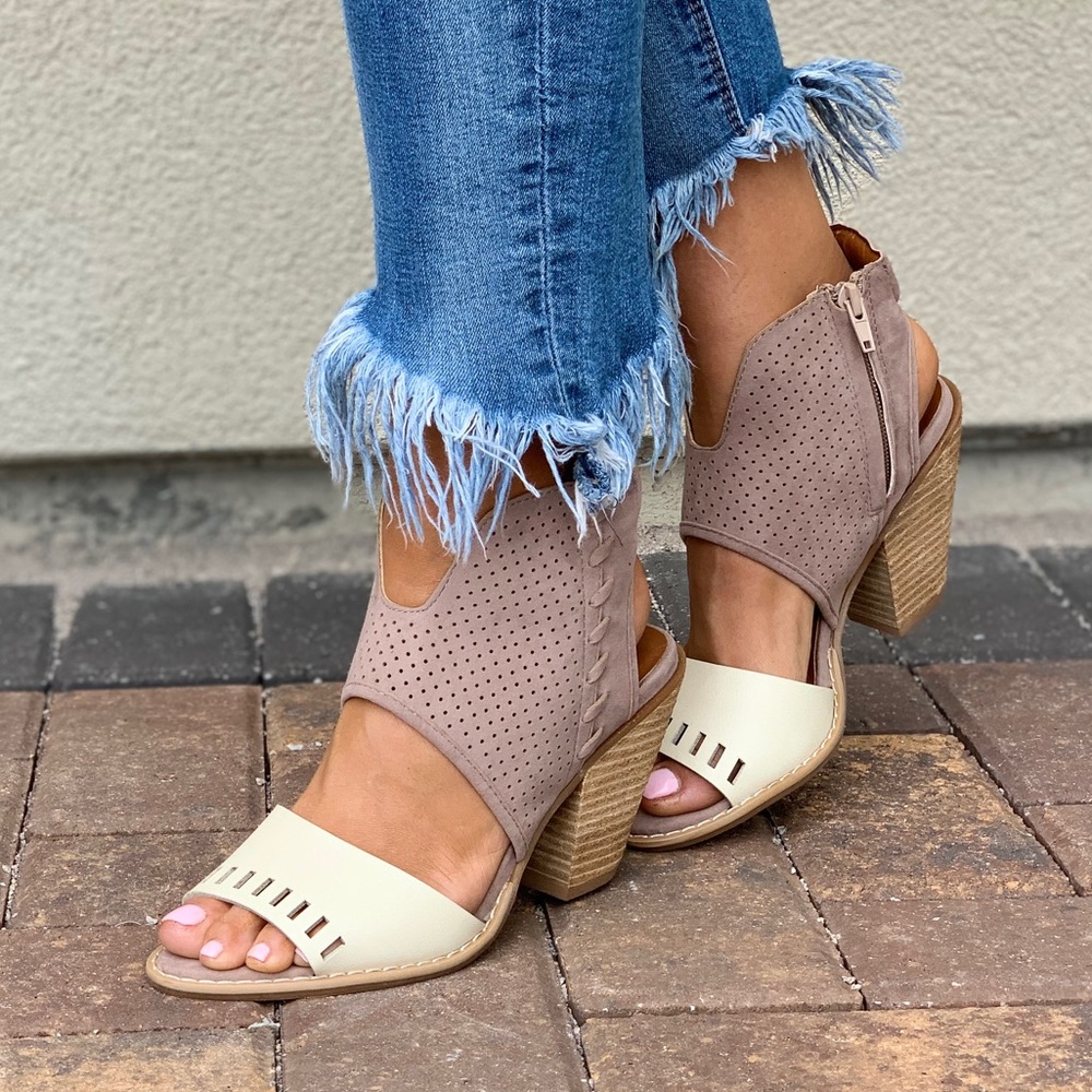 Two Tone Whipstitched Ankle Cuff Peep Toe Shootie - Picture 2 of 8